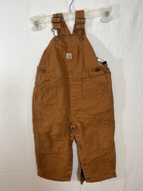 Carhartt Baby Boys Flannel Lined Canvas Bib Overalls Brown 18M Double Knee Snaps
